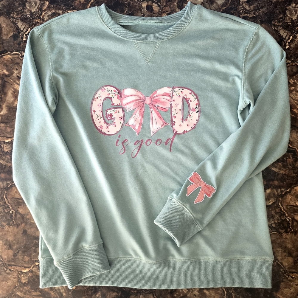 God Is Good Mint Green Sweatshirt with Pink Bow